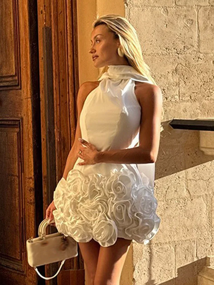 HH Vrouwen Mode Mouwloze Jurk Witte Hoge Kraag Backless Bloem Decoratie Boog Lace Up Rits Vrouwelijke Zomer Sexy Mini Jurk