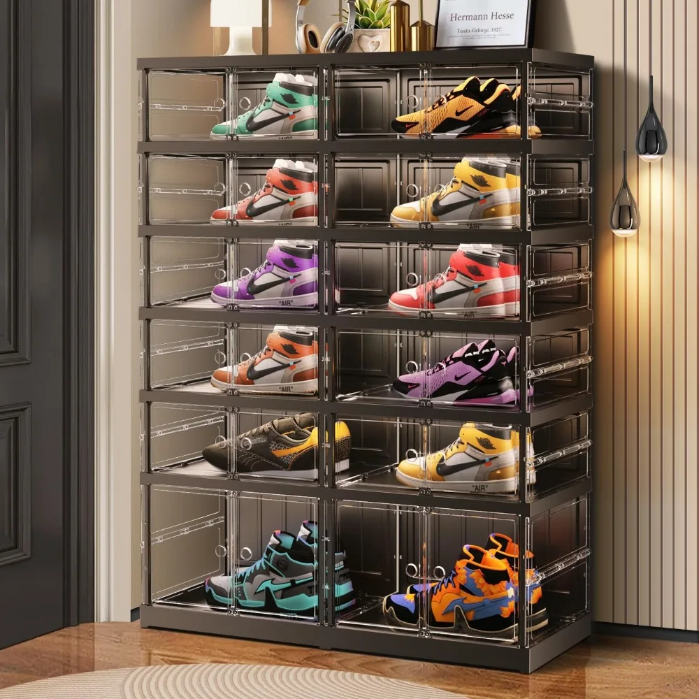 

6-Tier Foldable Shoe Rack for Closet Entryway 12-24Pairs,Stackable Clear Shoe Storage Boxes Organizer with Door Plastic Shoe Cab