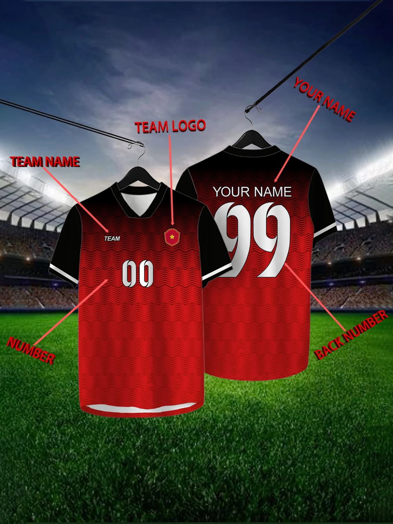 

Customized Geometric Red Short Sleeved Shirt with Team Name, Emblem, Name and Number, Outdoor Sports Short Sleeved T-shirt