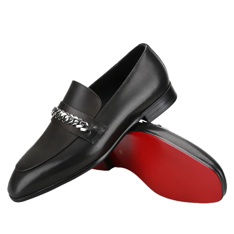 Piergitar Black Genuine Leather Men's Loafers With Silver Stainless Steel Buckles Handmade Red Outsole Classic CL Brand Moccasin
