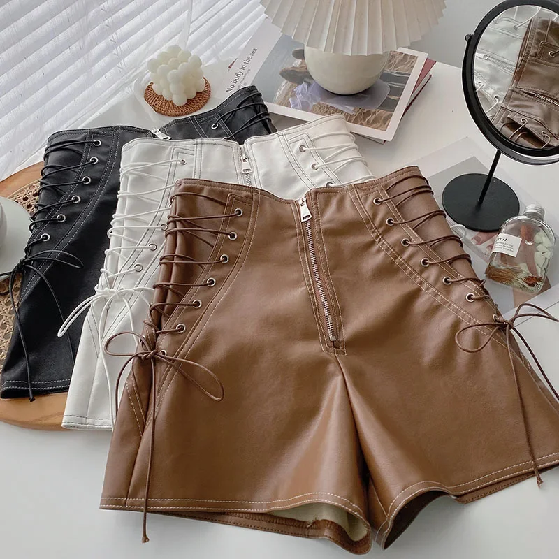 New Korean Style PU Leather Elastic Half-Zip High Waist A-Line Drawstring Casual Girls\' Leather Shorts 2024 Autumn and Winter