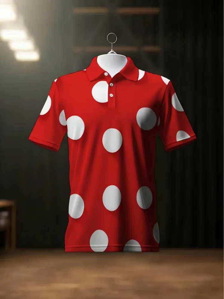 Mens Short Sleeve Polo Shirt Big White Polka Dot Print Collared Golf Shirts Button Placket Casual Business Summer Tee For Men