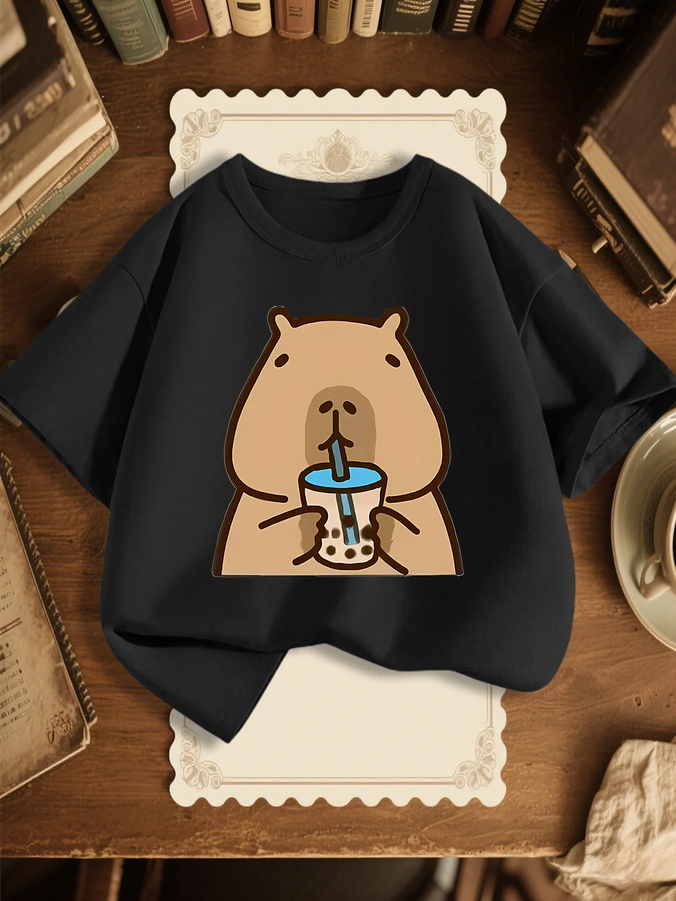 Lovely Capybara Milk Tea Print Kids Cotton T Shirt Short Sleeve Boys Girls Family Matching Parent Child Casual Loose Comfort Top