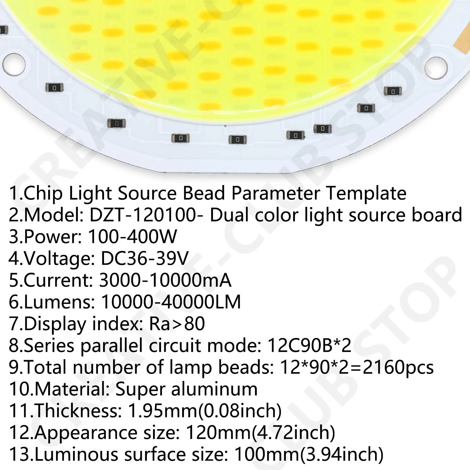 デュアルカラーCOB DC36-39V 100-400W LEDハイパワーパネルライト 調光機能付き 100LM/W 3000K 6500K 屋内外DIY LEDランプ用