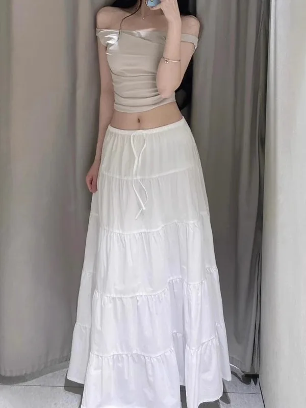 Spring Summer 2025 Women's White Puffy Cake Skirt Long Layered Splicing Skirts High Waist Cotton Baking Dres