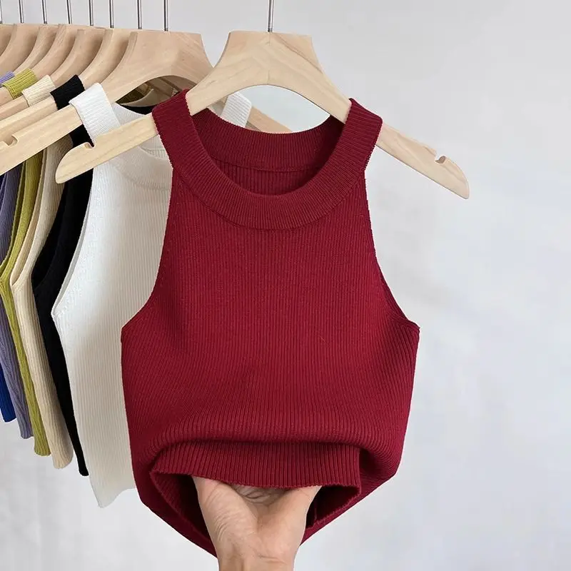 Frauen Solide Rundhals Rippen Tank Top Leibchen Frauen Sommer Grundlegende Elastische 2026 O Neck Solide Tank Top