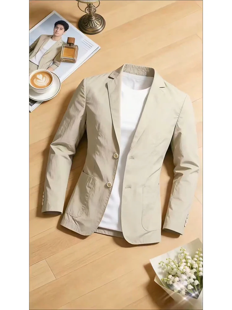 Khaki Color Slim Fit Men's Business Suit Lightweight Breathable Commuting Summer Jacket Fashionable Urban Style Anti-Uv Outer...
