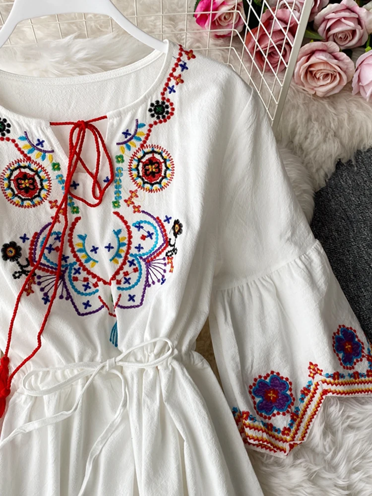 embroidered lantern sleeve tassel tie smock dress Women Autumn Dress Temperament Thailand Bali Beach Skirt New National Style  Swing Long Bohemian Beach Holiday Red Dress D2906
