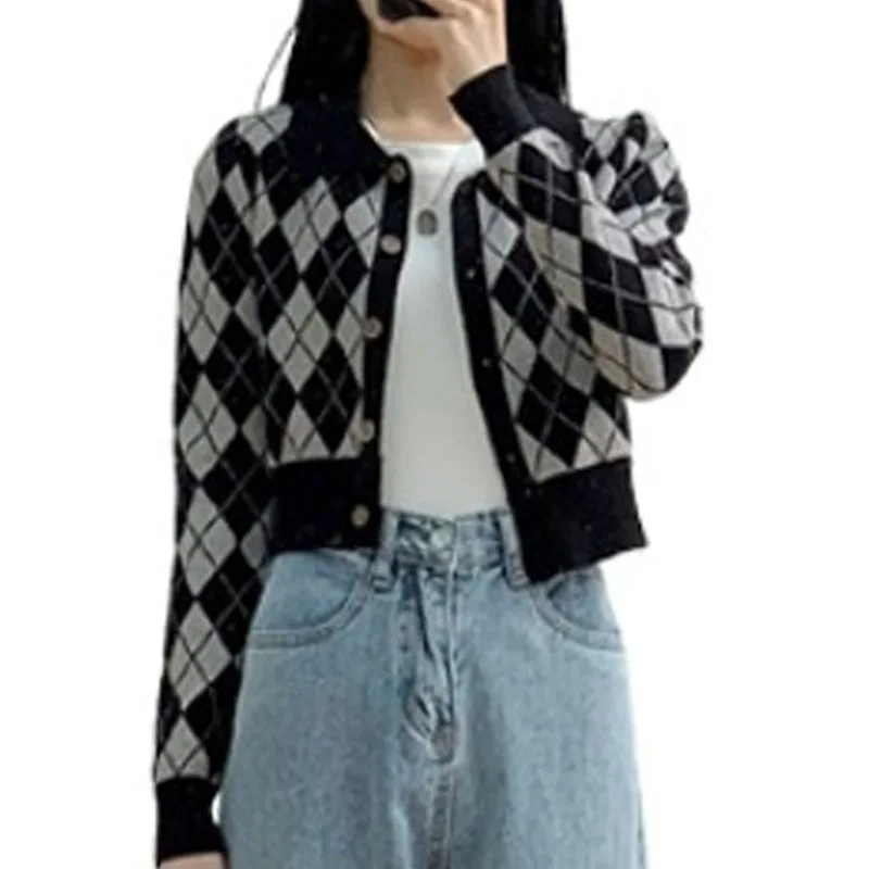 Suéter de punto para mujer, cárdigans nuevos de manga larga con cuello vuelto, suéter de punto a cuadros, cárdigan, Tops para mujer, suéteres, prendas de punto Q826