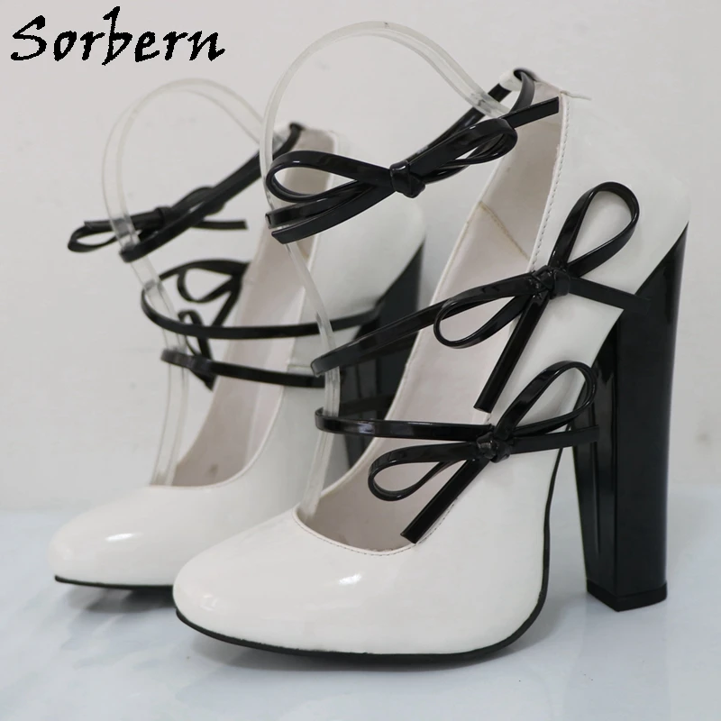 

Sorbern Retro White Women Pumps Shoes Round Toe Ladies Designer Heels Custom Ankle Strap Bowknot High Heel Shoes Big Size 15