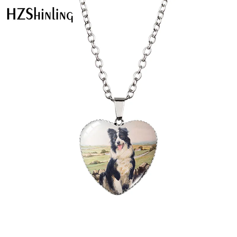 2022 New Border Collie Painting Pendant Necklace Dog Art Glass Dome Handmade Jewelry Heart Pendants Gift Women