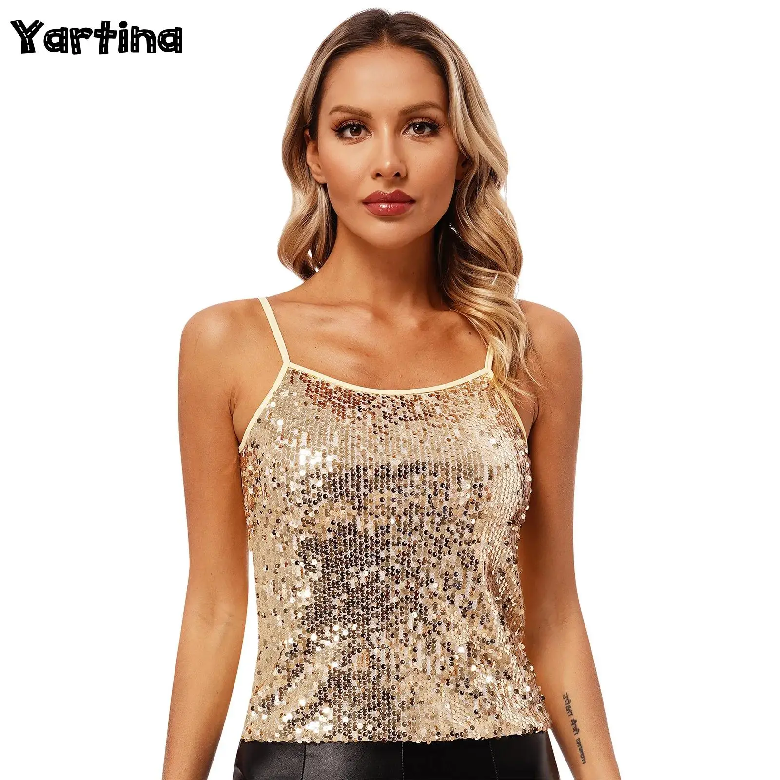 Womens Sparkly Sequin Camisole Crop Tops Slim Fit Patchwork Tank Top for Pole Dancing Disco Party Night Out Rave Costume