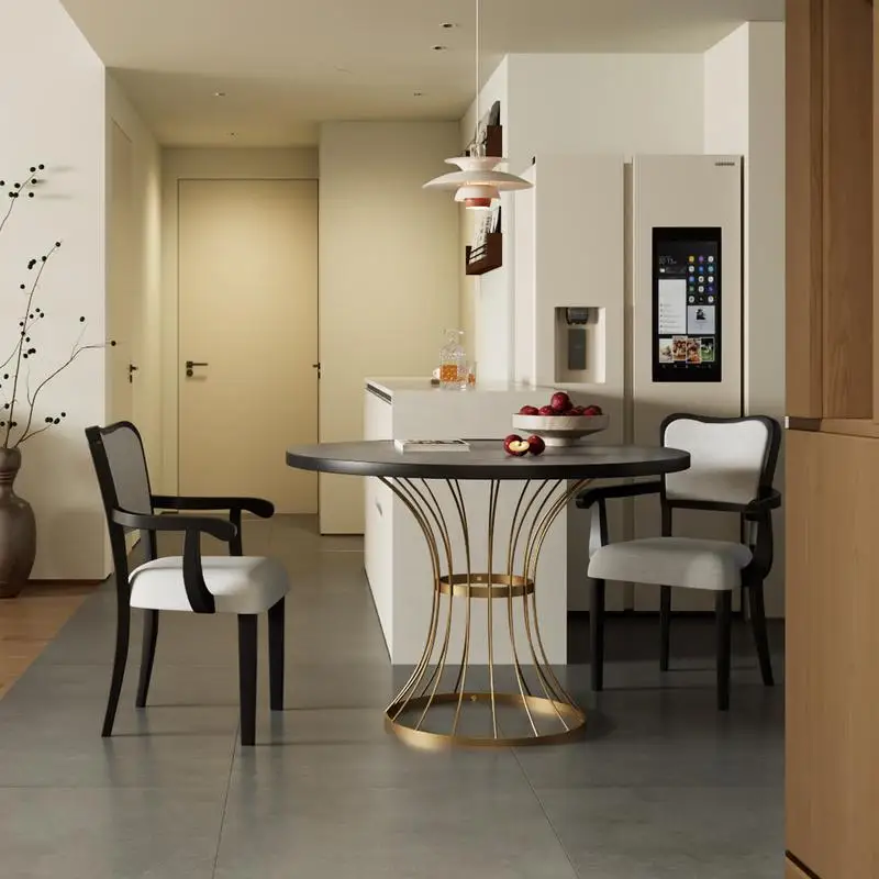 Round Dark Oak Dining Set - Solid Wood-Look Veneer Table + 2 Upholstered Walnut Chairs, Heavy-Duty Iron Base, Space-Saving