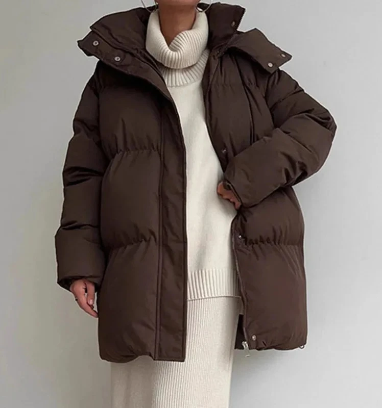 

2025 зимняя модная повседневная куртка средней длины со шнуровкой и капюшоном для женщин, однотонное утолщенное хлопковое пальто