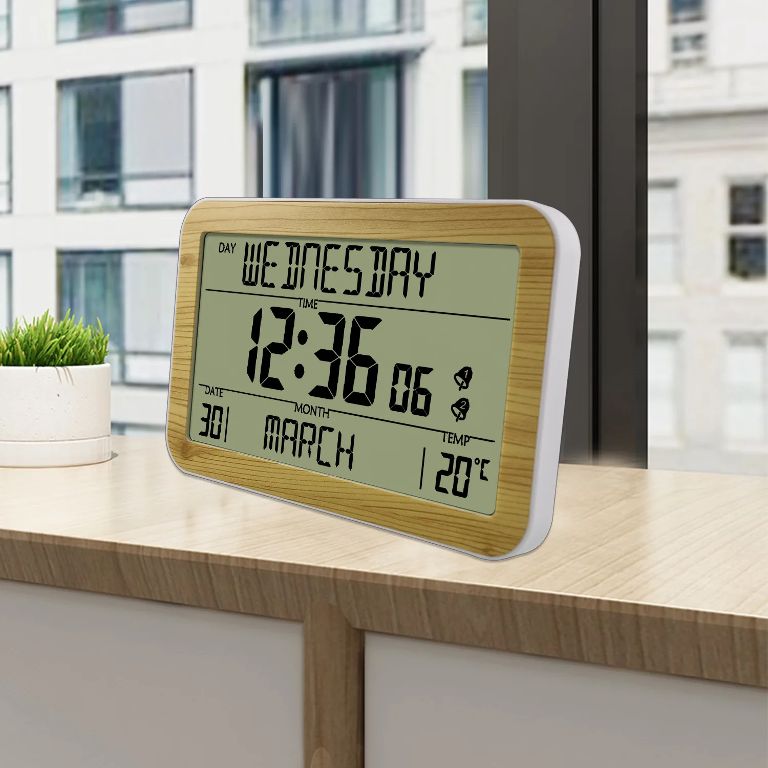 Large Screen Display Wall Clock With Thermometer Digital Alarm Clock Quiet Home Desk Electronic Clock Dual Alarm Setting