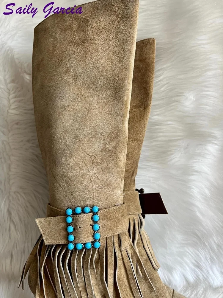 레트로 프린지 로마 부츠 블루 크리스탈 버클 스트랩 무릎 높이 부츠 지적 발가락 사이드 지퍼 하이힐 패션 캐주얼 신발 2025