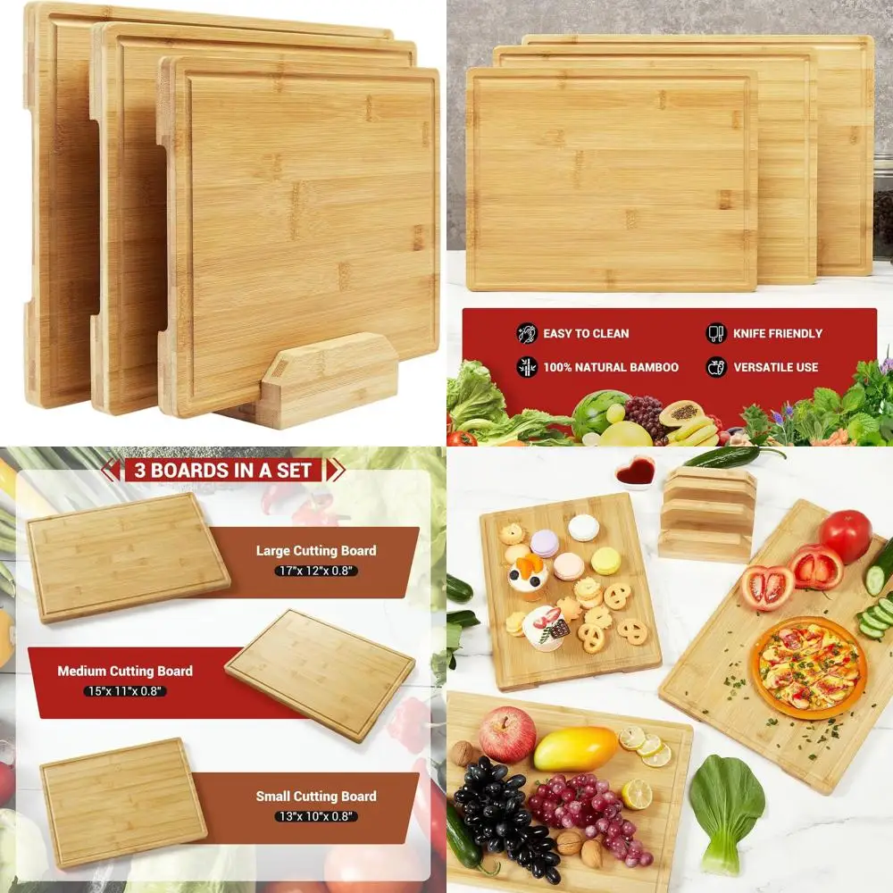 

Triple Wooden Cutting Board Set with Juice Groove and Built-In Handles for Kitchen Use