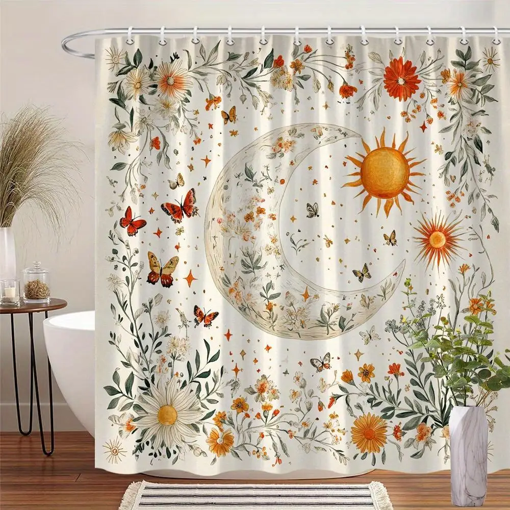 

Floral Moon Shower Curtain Glowing Sun Butterflies Vintage Botanical Machine Washable with Hooks for Bathroom