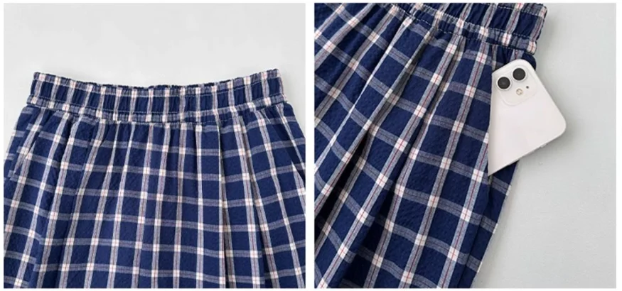 Blaue karierte Hose für Damen, lässig, Übergröße, hohe Taille, Taschen, weites Bein, Frühling, locker, Büro, Ausgehen, Spaziergang, lange Hose – Detail 6
