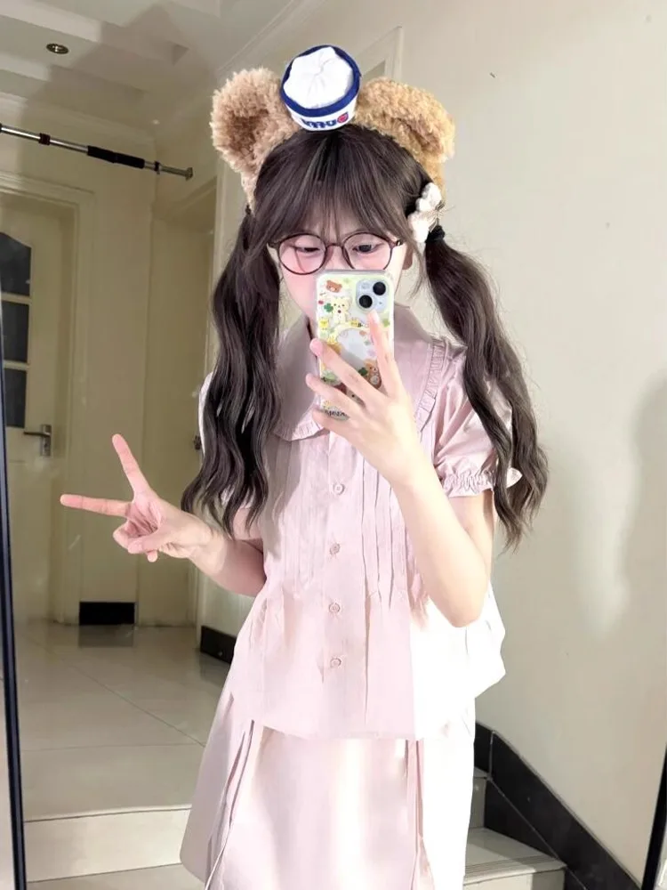 

Dopne Pink Doll Collar irt Top Sweet Anti-Aging Slimming f Skirt Women Summer Matching Cute Two-Piece Set Polyester F...