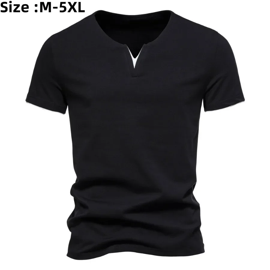 2024 Men\'s Summer Fake Two Piece V-neck T-shirt Short Sleeved Casual Cotton T-shirt Male Basic Fitness Oversized Shirts for Men