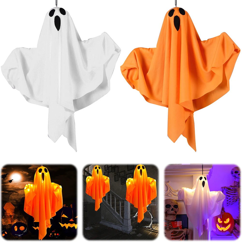 زينة معلقة لشبح الهالوين تضيء نافذة شجرة أشباح طائرة بيضاء زخرفة مخيفة حديقة منزل مسكون لوازم الحفلات