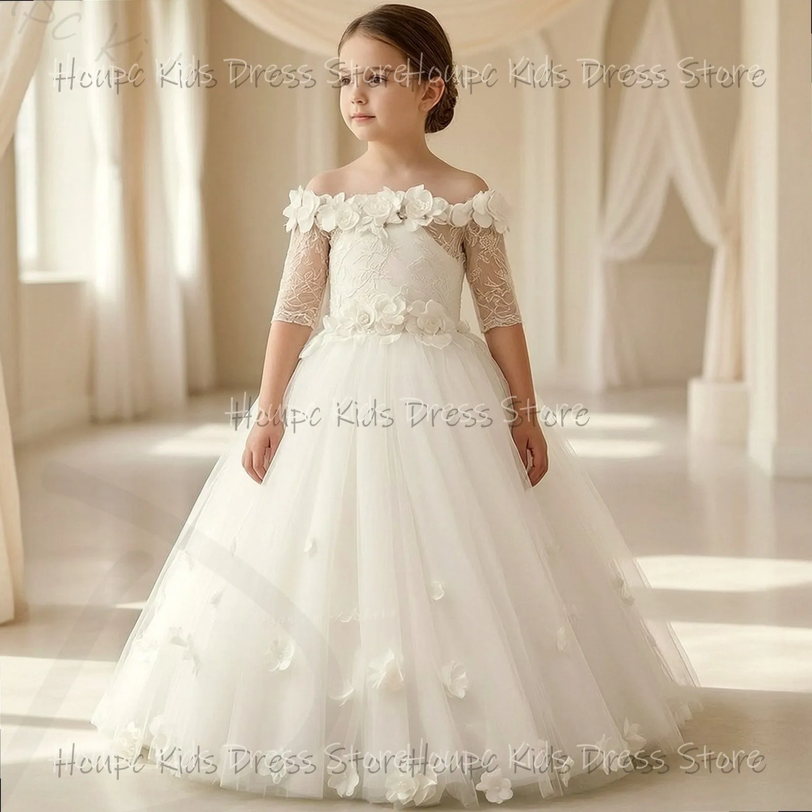 Wedding Custom Flower Girl Dresses Off Shoulder Lace Tulle Floral Applique Tea-Length Wedding Birthday Party Evening Party