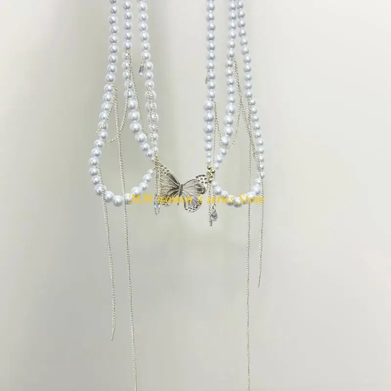 Q39C Stylish Waist Chain Artificial Pearls Tassels Long Necklace Multilayer Beaded Chain Belt For Women Daily and Formal Wear