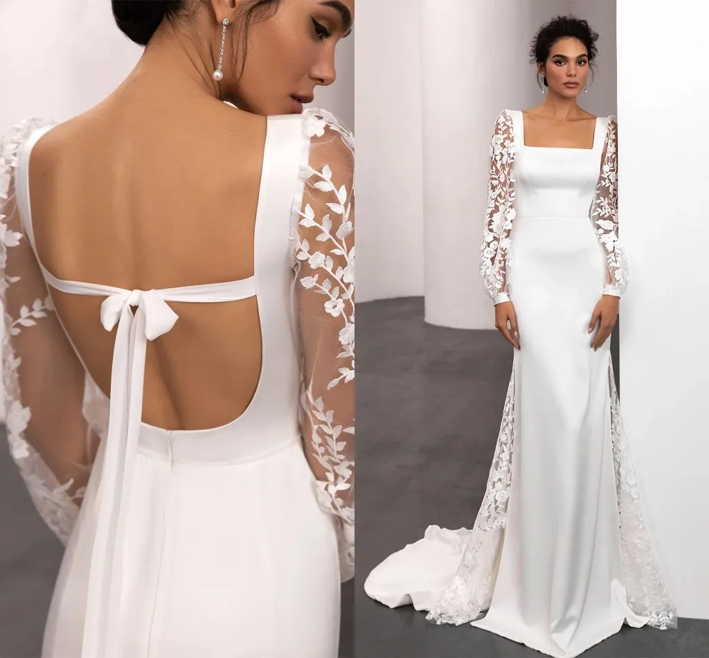 Boho Brautkleider Satin Spitze Square Neck Langarm Applikationen Brautkleider Strand Rückenfreies Brautkleid Vestidos De Noiva