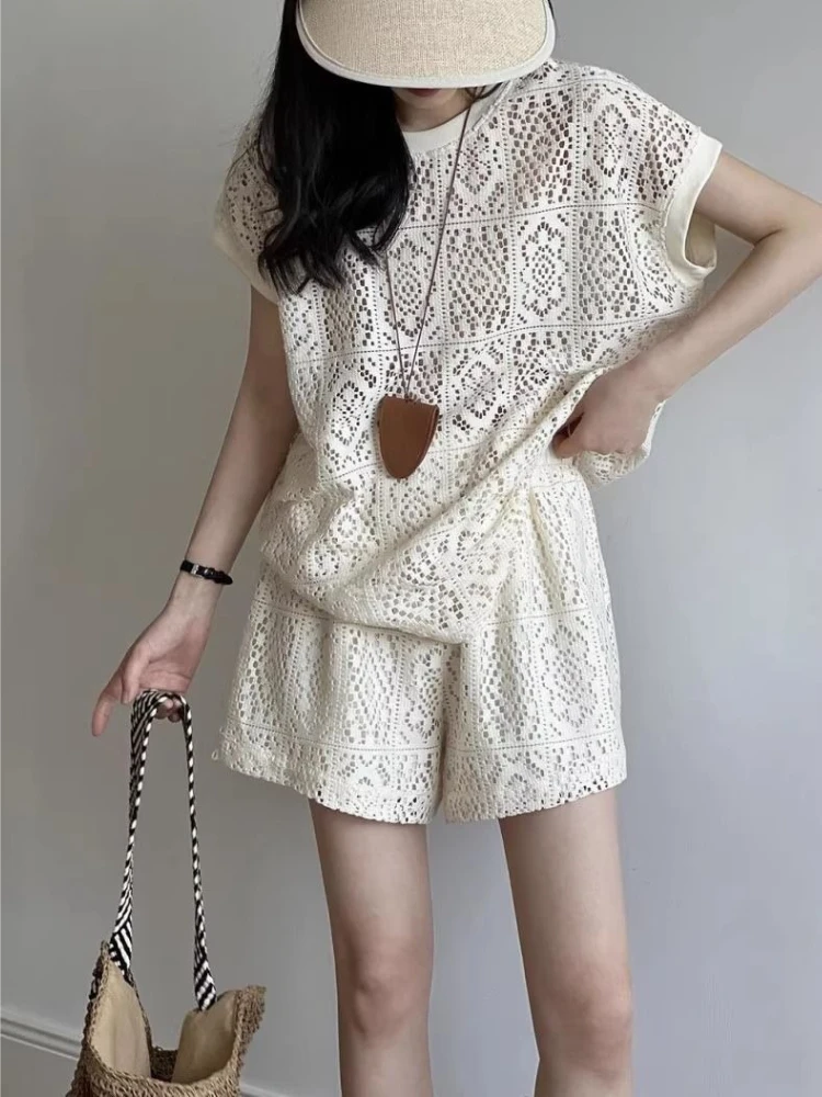 Women Summer Lace Two Piece Set Hollow Out Crop Top Shorts Casual Fashion Outfit Elegant Lightweight Breathable - view 4