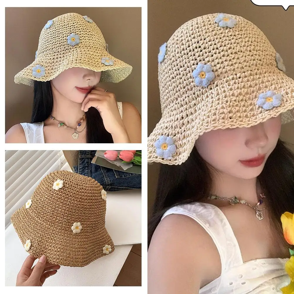 

Hats For Women Summer Straw Crochet Bucket Hat Women's Panama Cap Uv Cap Fishing Hat Vacation Beach Hat K8v2