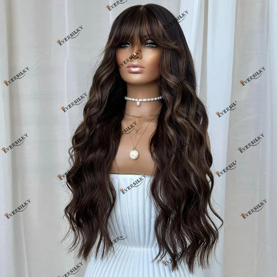 Loose Wave Human Hair Fringe Cool Brown Highlight Lace Front Wigs for Black Women 200Density Full Lace Wigs Remy Indian Hair Wig