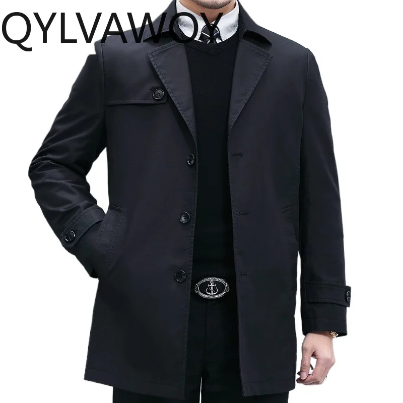 

QYLVAWOY 100%Cotton Spring Men's Trench Coat Single-Breasted Outerwear Middle-Aged Collar Mid-Length Jacket Casual Top LJ2185