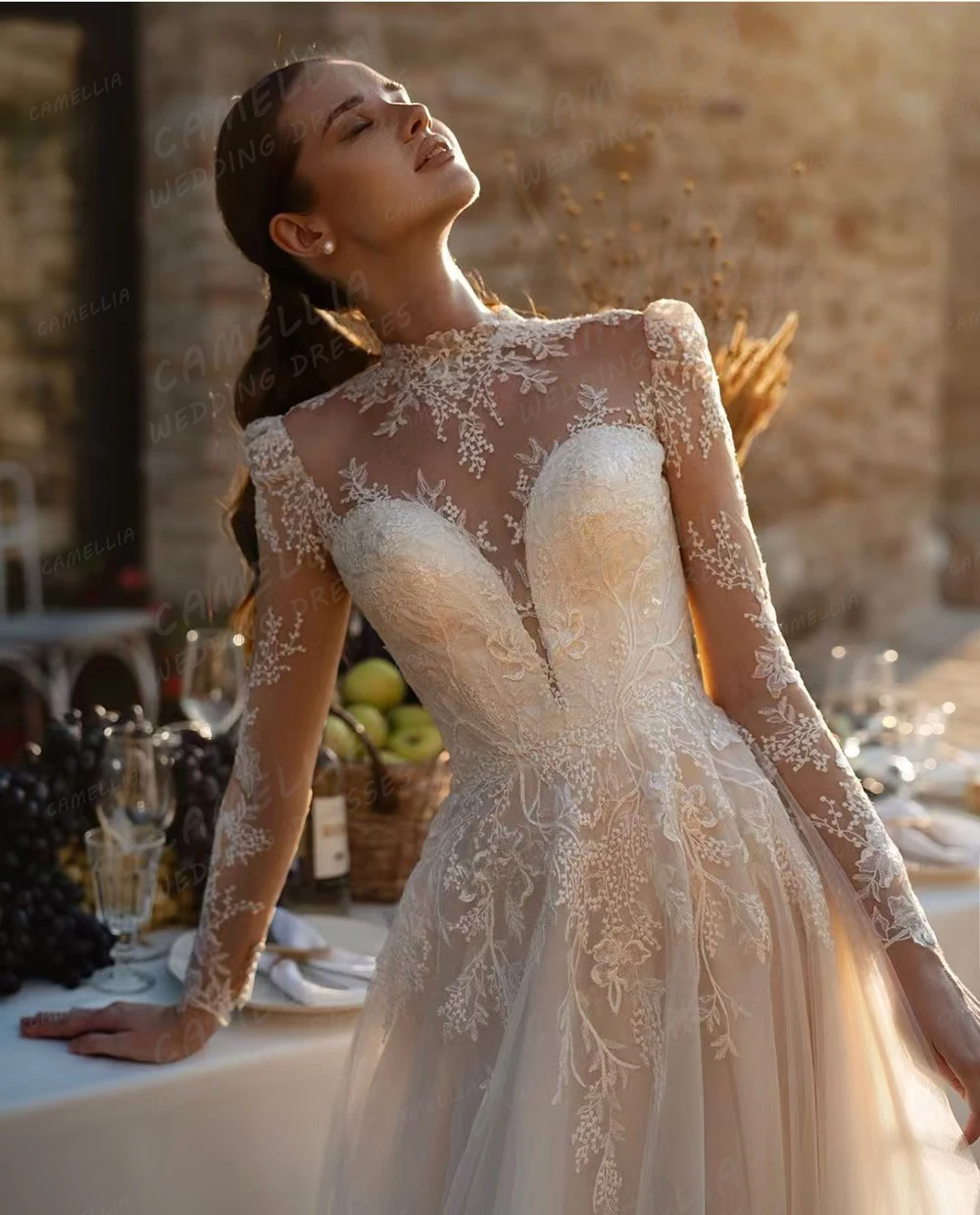 Graceful A Line 2025 Wedding Dresses Elegant Appliques High Neck Bride Gowns Illusion Long Sleeve Customized Vestidos De Novia