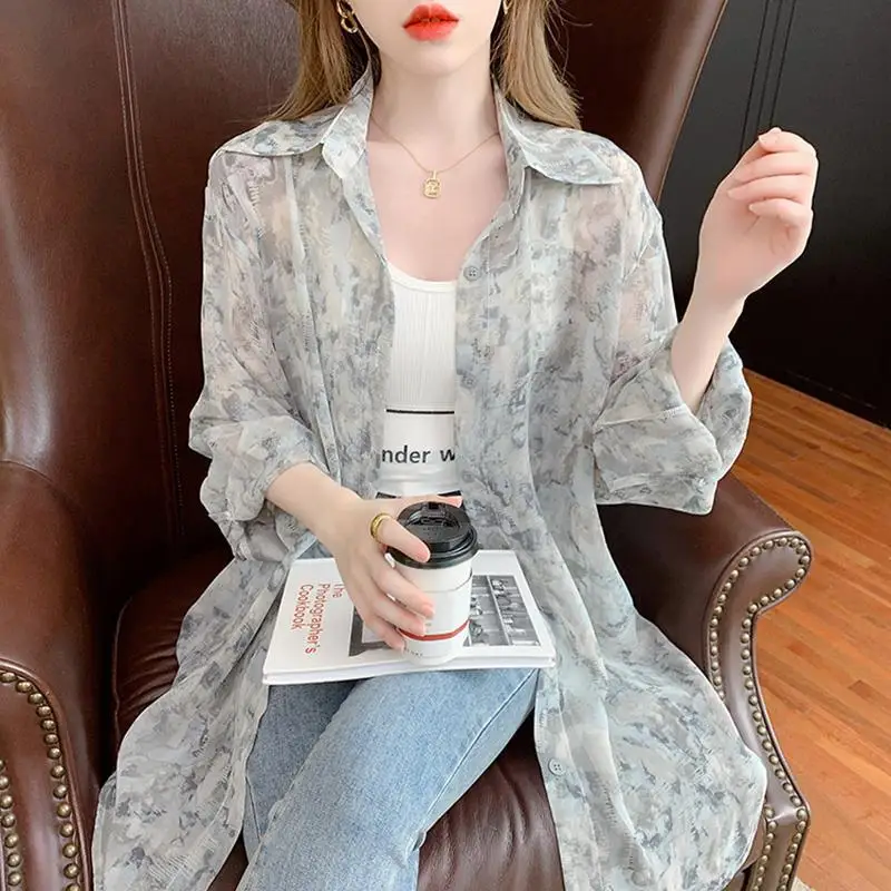 Summer Woman Clothes Long Sleeve Shirt French Romantic Fashion Style Loose Casual Tie Dye Thin Chiffon Blouse Breathable Trend