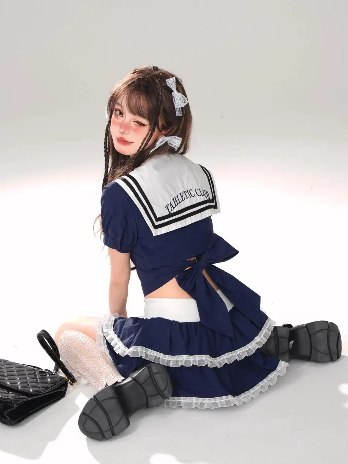 

JK Uniform Sailor Suit Summer Women Clothing New Navy Neck Tie up Bow Top High Waist Fluffy Short Skirt Spicy Girl Two Piece Set