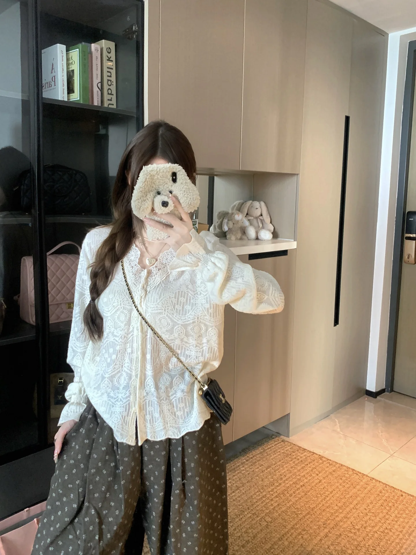 

Kumikumi Gentle Wind Lace Splicing Long Sleeve Shirt Women's Loose Versatile Casual Top Spring Season Comfortable Fit Blouse