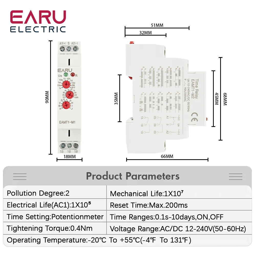 12-240VAC/DC Din Rail Type 0.1 second -10 days Time Delay Relay 16A/250VAC Multifunction Timer Relay with 10 Function Choices