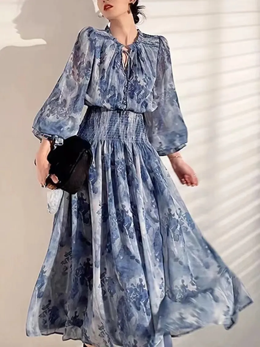 Runway French Spring Fairy Holiday Maxi Dress Women Lace Up O Neck Lantern Sleeve Flower Print Chiffon Elastic Waist Long Dress