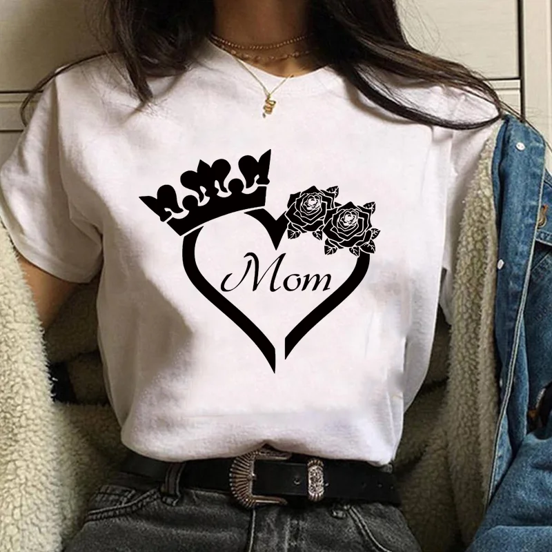 Women's Fashion Mom Love Heart Crown Cool Print T-shirt Casual Personality Creative Pattern Women's Short-sleeved T-shirt