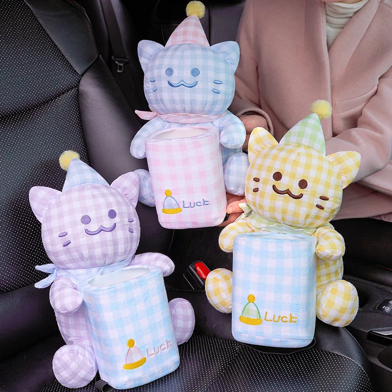 

Коробка для автомобильных салфеток с кошачьим узором, мягкие плюшевые игрушки, милые сетчатые линии котенка, плюшевые коробки для хранения кукол, необходимые автомобильные подарки