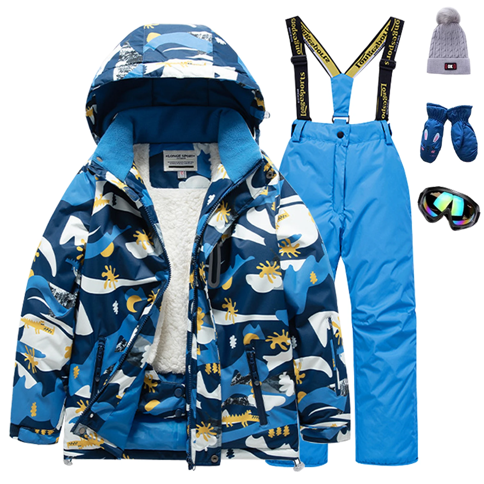 Children's Snowboarding Wear Girls Boys Snowsuits Fleece Hooded Jacket with Bib Pants Warm 2-Piece Kids Skiing Suits for Winter