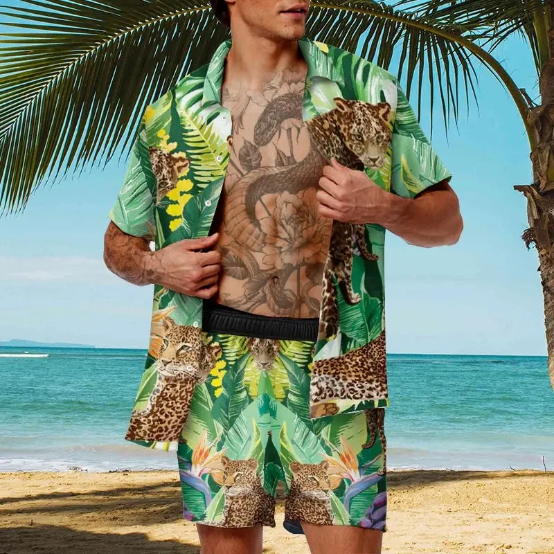 Conjunto de cárdigan Hawaiano para hombre, traje de 2 piezas con estampado de leopardo en 3D, camisa de manga corta con botones, pantalones cortos