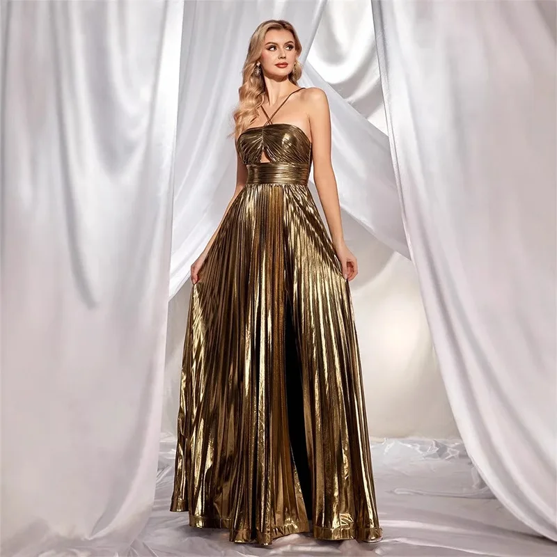 Women's Clothing Halter High Waist Long Dress Sexy Hollow Out Sleeveless Pleated Evening Dress Casual Backless Swing Robe Dress