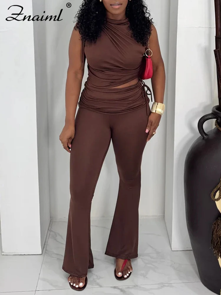 

Znaiml Women's 2 Piece Outfits Summer Sleeveless Ruched Crop Top Flare Pants Set Casual Bodycon Two Pieces Matching Going Out