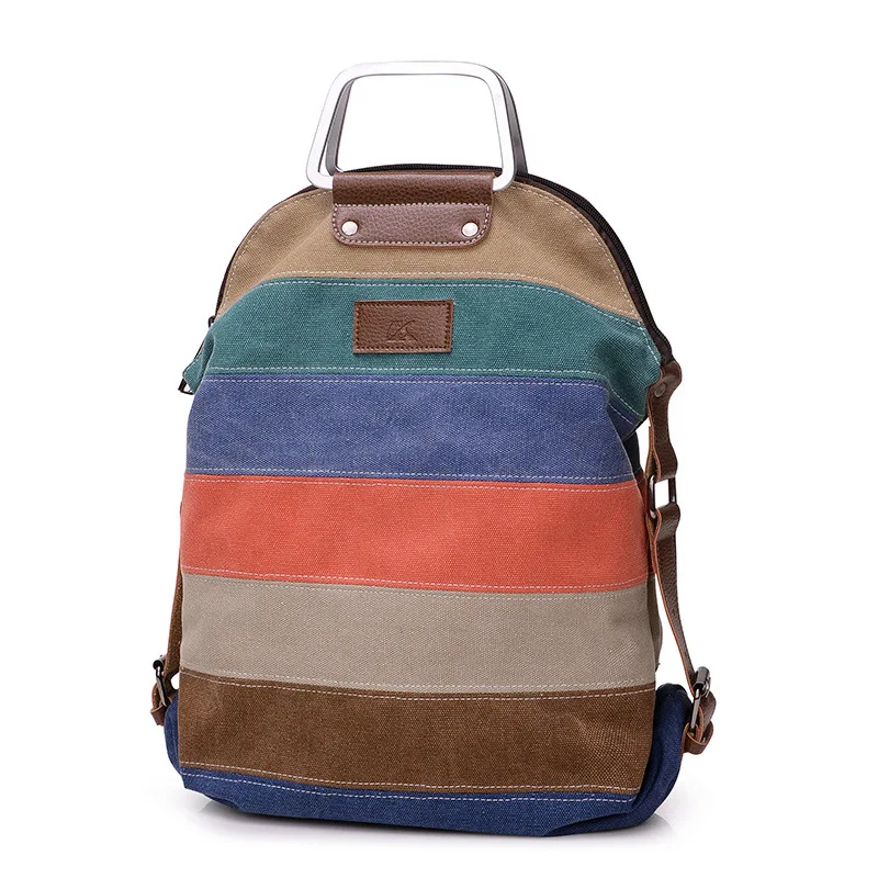 Hot Sell Rainbow Women\'s Canvas Backpack Ladies Striped Multifunction Patchwork Rucksack Crossbody Girl Single Shoulder Bag