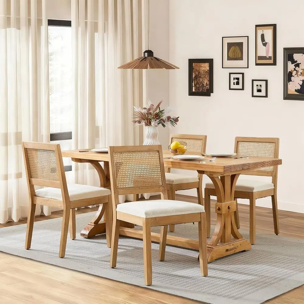 

Набор из 4 обеденных стульев в винтажном стиле с ротанговой спинкой, подходят для дома, кухни или ресторана, бежевый цвет