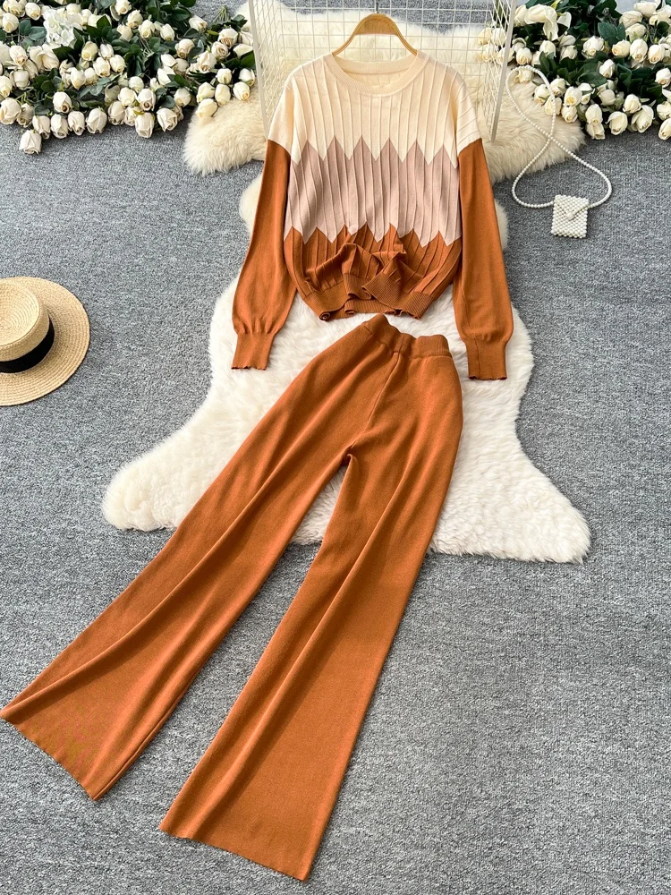 

Корейский Sle Casual Faion Color Blo Long Sve вязаный топ с высокой талией, утягивающие широкие брюки, свитер, комплект для женщин