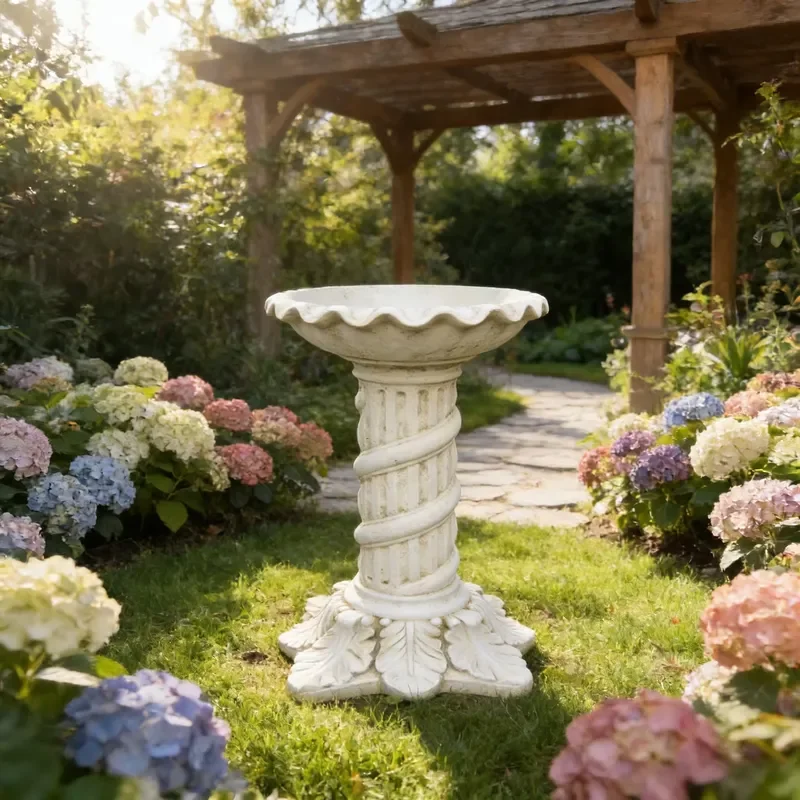 Hand Painted Resin Bird Bath Twisted Column Design Petal Edge Water Pot for Garden Courtyard Decoration and Pet Feeding