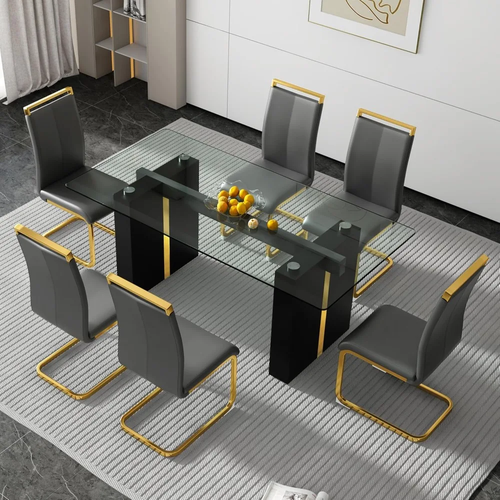 71 in Glass Dining Table Set for 6, Modern Tempered Glass Table Top with MDF Frame & 6 Leather Ergonomic Chairs, Kitchen Table